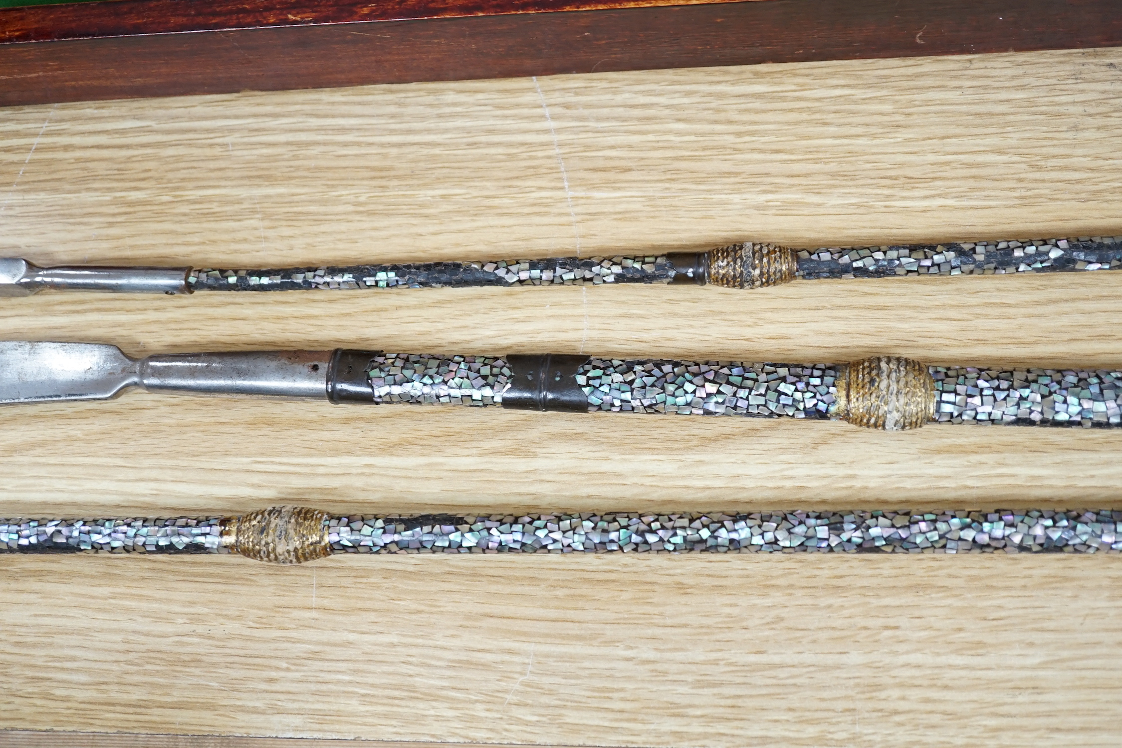 A set of three Japanese Nanban lacquer handled Samurai polearm weapons, Edo period, the largest 100cm in length